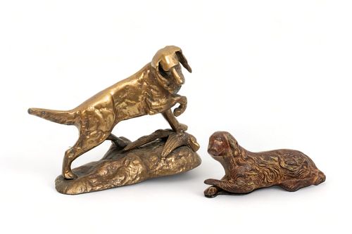Brass & Glazed Terracotta Figurines, English Setters, H 9" W 4" L 11" 2 pcs