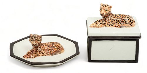 Mottahedeh (Italy) Italian Glazed Ceramic Covered Box & Dish, Recumbent Leopards, H 6" W 5.5" Depth 4.75" 2 pcs