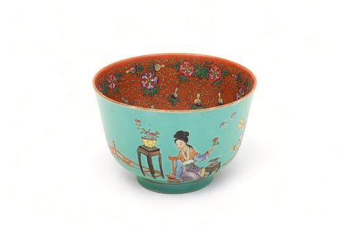 Chinese Qing Dynasty (1644-1911) Turquoise Glazed Porcelain Bowl, Ca. 1900, H 3.25" Dia. 5"