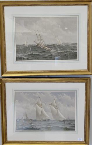 Pair of Fred S. Cozzens colored lithographs including "Lying-to off George's Bank" and "The Race", signed lower left in litho