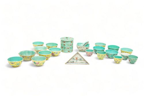 Chinese Famille Jaune Export Porcelain Rice Bowls, Teacups & Stacked Food Box, Ca. 1900, H 5" Dia. 5.25" 26 pcs