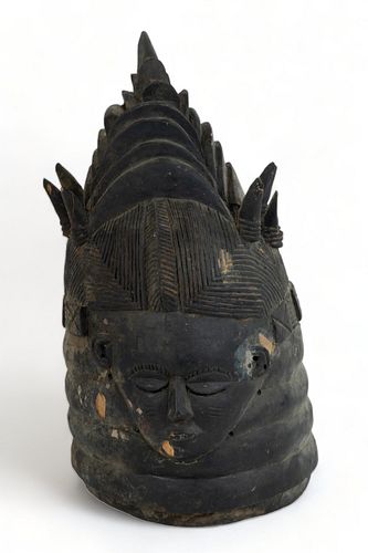 Sierra Leone, Mende Peoples, Carved Wood Helment Mask for Sande Society (sowei), H 17" W 8"