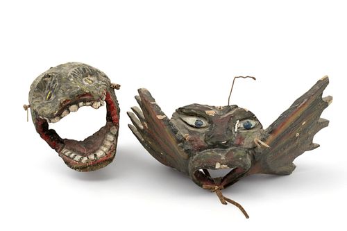 Mexican Polychrome Carved Wood Festival Dance Masks, Ca. Mid 20th C., Serpent And Fish, 2 pcs
