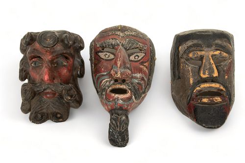 Mexican Polychrome Carved Wood Festival Dance Masks, 20th C., Moor, Barbon And Native Warrior, 3 pcs
