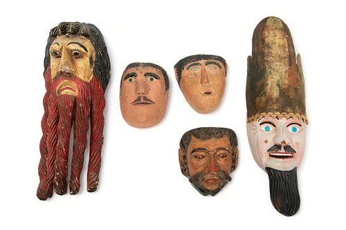 Mexican Polychrome Carved Wood Festival Masks, 20th C., 5 pcs