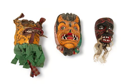 Mexican Polychrome Carved Wood Festival Dance Masks, 20th C., Tigres And One Other, 3 pcs