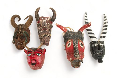 Mexican Polychrome Carved Wood, Leather And Horn Diablo Masks, Guerrero/Michoacan, 20th C., 5 pcs