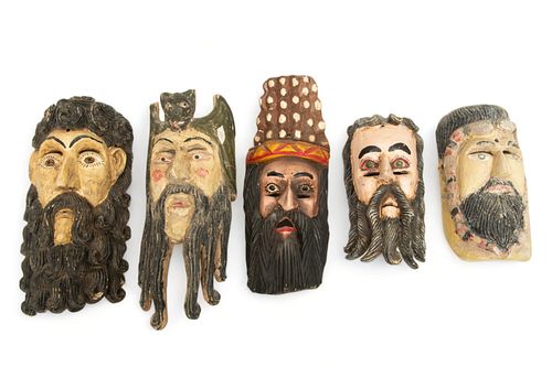 Mexican Polychrome Carved Wood Barbon Masks, Guerrero, Mid to Later 20th C, 5 pcs