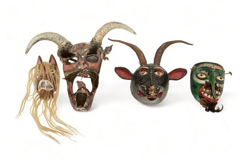 Mexican Polychrome Carved Wood Festival Masks, 20th C., Diablo, Pascola, Carnival Masks, 4 pcs