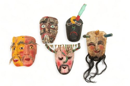 Mexican Polychrome Carved Wood Festival Masks, 20th C., Duality, Moor, Mosquitos 5 pcs