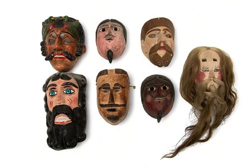 Mexican And Guatemalan Polychrome Carved Wood Festival Masks, 20th C., Juan Negro And Panole, Tecun Uman, Pedro De Alvarado, Ect. 7 pcs