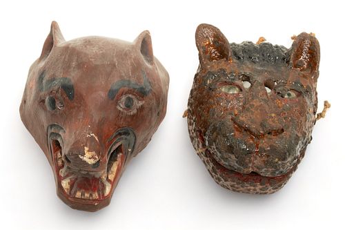 Mexican Polychrome Carved Wood Festival Dance Masks, 20th C., Jaguar And Xoloitzcuintli, 2 pcs