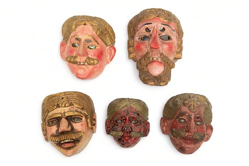 Guatemalan Polychrome Carved Wood Festival Masks, 20th C., Pedro De Alvarado, 5 pcs