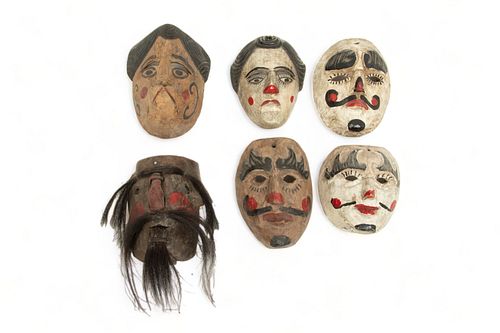 Guatemalan Polychrome Carved Wood Patron And Patrona Masks, One Leather, 20th C., 6 pcs