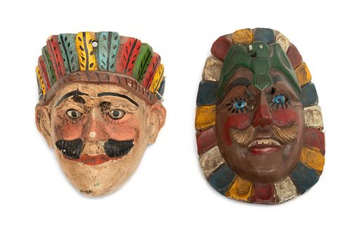 Guatemalan Polychrome Carved Wood Festival Dance Masks, 20th C., Conquistadors, 2 pcs