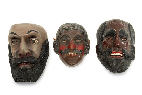 Guatemalan Polychrome Carved Wood Conquistador Masks, 20th C., 3 pcs