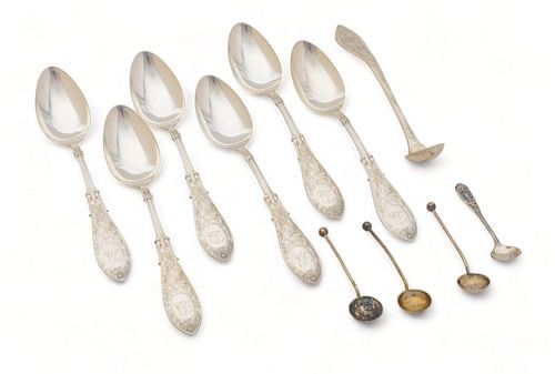 Sterling Silver Teaspoons (6), Sauce Ladle, Salt Spoons (4) Ca. 1875, 5.2t oz 11 pcs