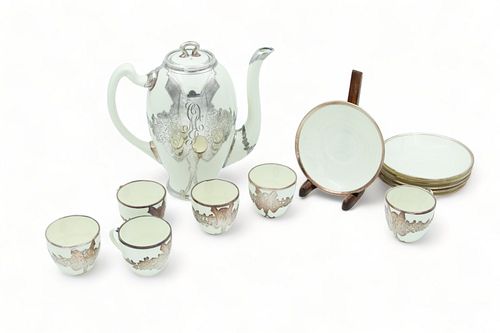 English Sterling Overlay on Porcelain Coffee Pot, Cups, Saucers Ca. 1950, H 7.5" 12 pcs