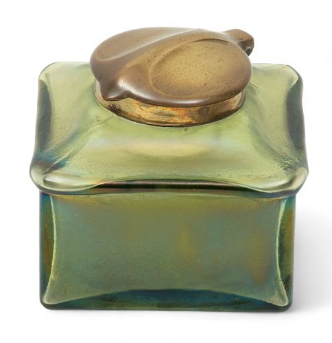 Art Nouveau Brass And Iridescent Art Glass Inkwell, H 3" W 3.25" L 3.25"