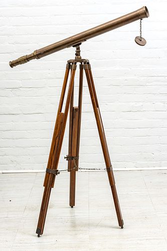Vintage Teakwood And Brass Telescope, Ca. 19th Cen., H 41" L 39.5" Dia. 3"