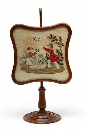 Mahogany & Needlepoint Table Screen, Frolicking Children, Ca. 1870, H 20" W 10"