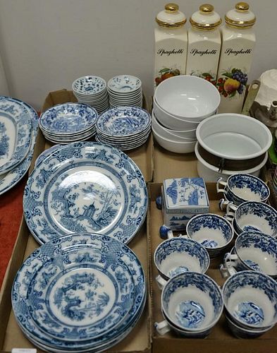 Four box lots with blue and white china , spaghetti jars, Limoges pot made for Charles Lamalle, cat granite cheese cutting bo