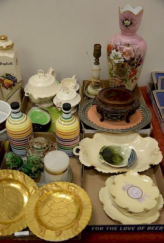 Four box lots to include gilt turtle plates, cameo porcelain set, Bristol glass vase, Mid-Eastern dish, etc.