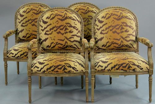 Set of four Henredon Louis XVI style armchairs "Desert Finish" upholstery having Henredon Upholstery Collection tag on bottom