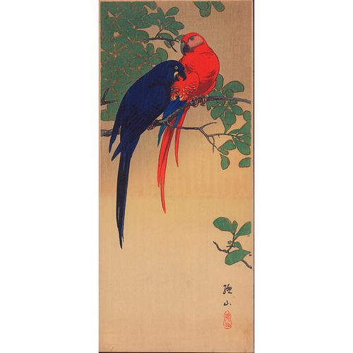 Sozan (Japanese, 1884 - ?) Woodblock Print, Two Macaws