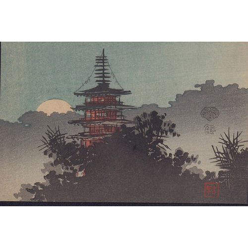 Japanese Woodblock Print of a Pagoda in Moonlight