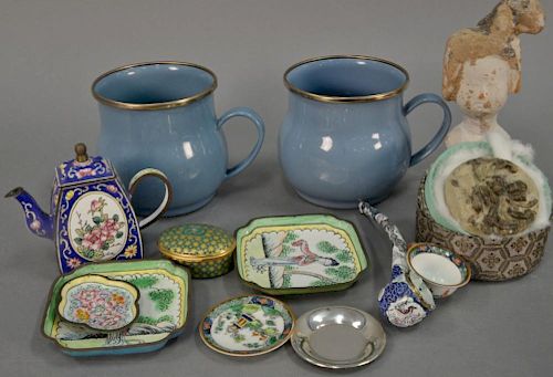 Tray lot to include miniature Staffordshire ye olde Willow cup and saucer, five enameled copper pieces, two child's Mackenzie