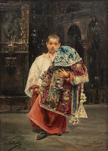 Jose Gallegos Y Arnosa (Spanish, 1857-1917) Oil on Panel, 1886, "Altar Boy Holding Antependium", H 9.5" W 6.75"