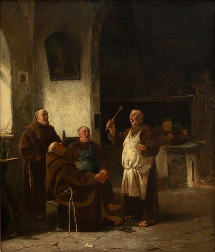 Adolf Humborg (Austrian, 1847-1921) Oil on Canvas, 1883, "Close Harmony in the Cloister Kitchen", H 30" W 25"
