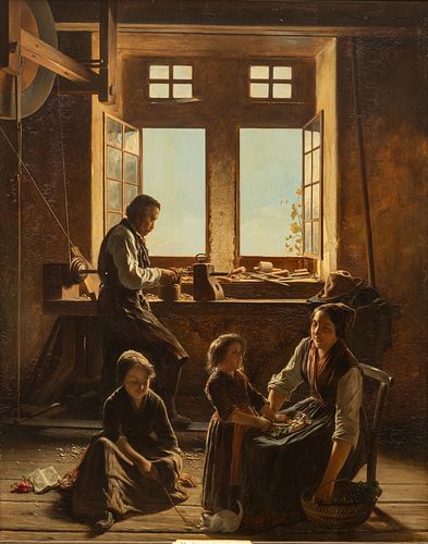 Joseph Hornung (Swiss, 1792-1870) Oil on Beveled Panel, 1850, the Carpenter's Family, H 20.5" W 15.5"
