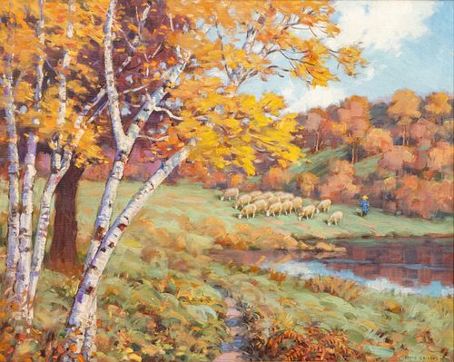 David Ericson (American, 1869-1946) Oil on Canvas, New England Landscape with Shepherd, H 28.75" W 36.25"