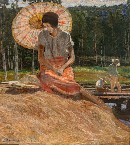 Zoltan Sepeshy (American, 1898-1953) Tempera on Canvas 1925, "Lady Under Sun Umbrella", H 40" W 37"