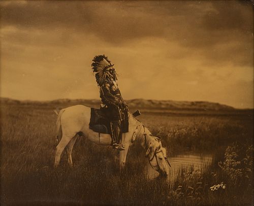 Edward S. Curtis (American, 1868-1952) Orotone Ca. 1905, "Oasis in the Badlands, Chief Red Hawk, Sioux", H 14" W 17"