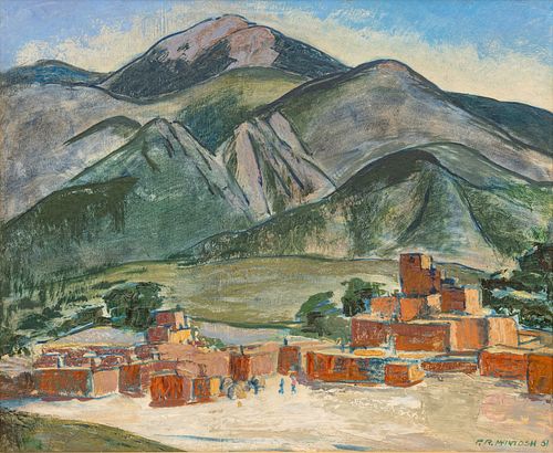 Pleasant Ray McIntosh (American, B. 1897) Oil on Masonite 1951, "Indian Pueblo, New Mexico", H 20" W 24"