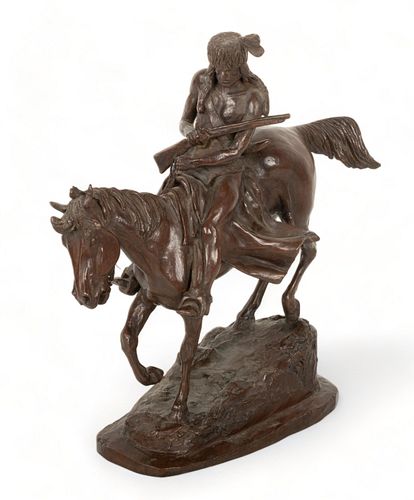 Earle Erik Heikka (American, 1910-1941) Bronze Sculpture, Ca. Mid 20th C., "Native American Scout on Horseback", H 13.75" W 5" L 13"