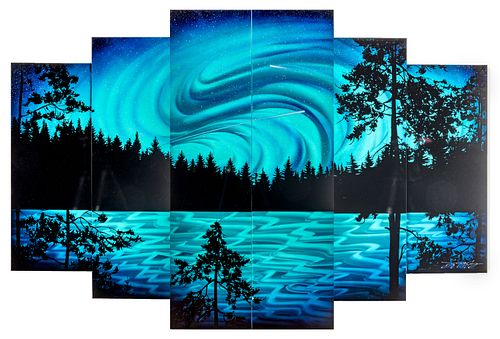 Chris Derubeis (American, B. 1978) Mixed Media on Aluminum, Airbrush Painting & Hand Ground Surface "Light at Night Hexaptych", H 44" W 68"