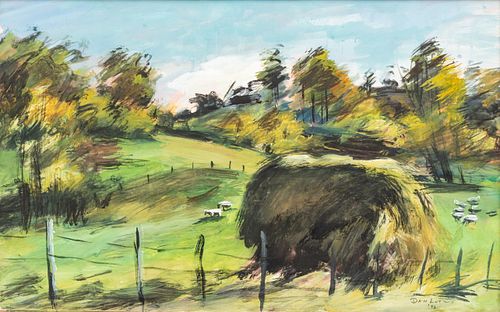 Dan Lutz (American, 1906-1978) Gouache on Paper 1943, "Hayfield in the Mountains", H 14" W 22"