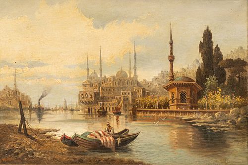 George Edwards Hering (British, 1805-1879) Oil on Canvas 1840-1860, "Constantinople from the Golden Horn", H 12.5" W 20.5"