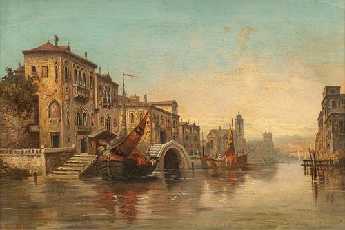 George Edwards Hering (British, 1805-1879) Oil on Canvas, Ca. 1840-1860, "View of the Grand Canal, Venice", H 12.5" W 20.75"