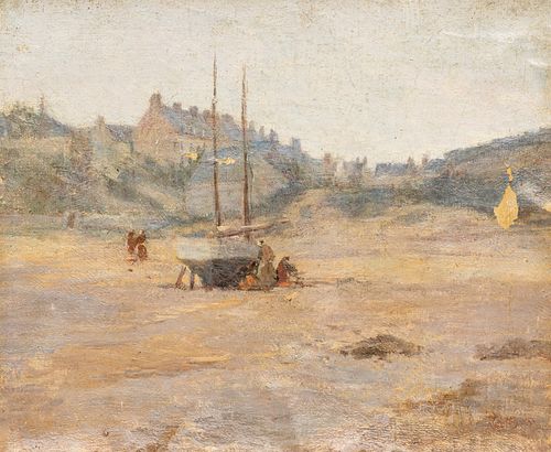 John Henry Twachtman (American, 1853-1902) Oil on Canvas, Ship Repair at Low Tide, H 15" W 18"