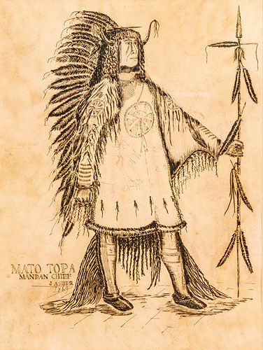 J. Asher (American, 19th C.) Ink Drawing on Paper, Ca. 1869, After George Catlin, "Mato Topa Mandan Chief" H 14.25" W 10.75"