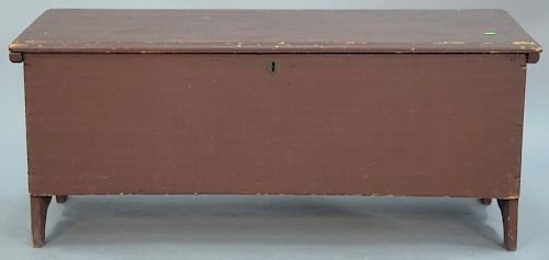 Primitive red painted blanket lift top chest with boot jack ends. ht. 18in., wd. 44in., dp. 16in.