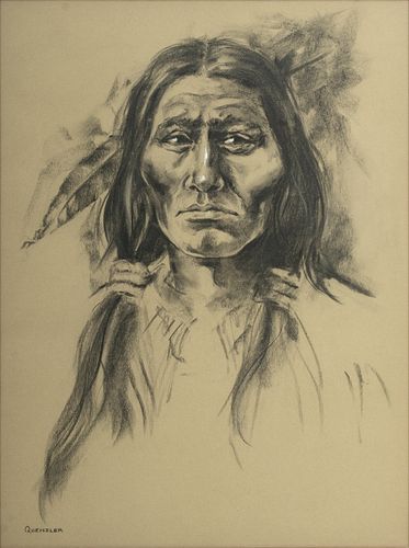 Julia Quenzler (English, 20th C.) Charcoal on Paper, Ca. 1980s, "Cheyenne Warrior", H 24" W 17.5"