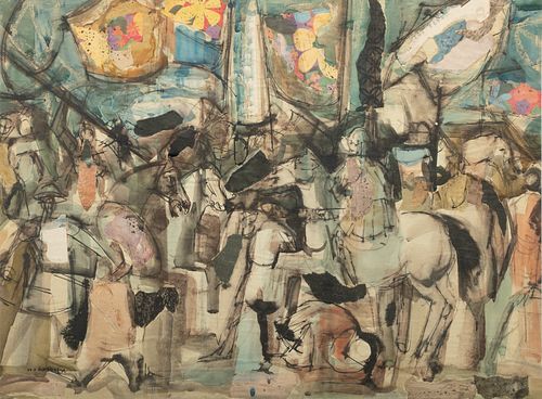 Herbert Joshua Ariss (Canadian, 1916-2009) Mixed Media with Collage on Paper, Ca. 1959, Abstract with Figures on Horseback H 17.5" W 23.5"