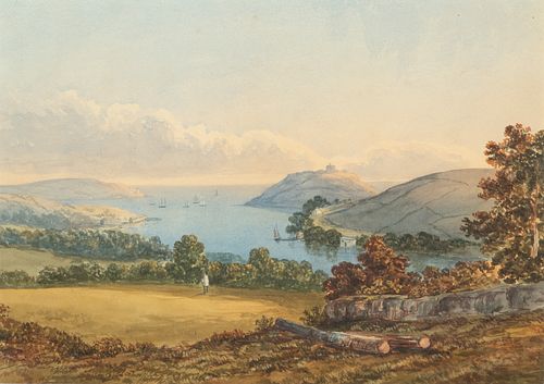 Scottish Watercolor on Paper, Ca. 19th C., "Firth with Sailing Vessels", H 12" W 17.25"