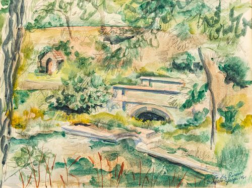 Edgar Louis Yaeger (American, 1904-1997) Watercolor on Paper, Ca. 1960, "Landscape with Footbridge", H 8.5" W 11.25"